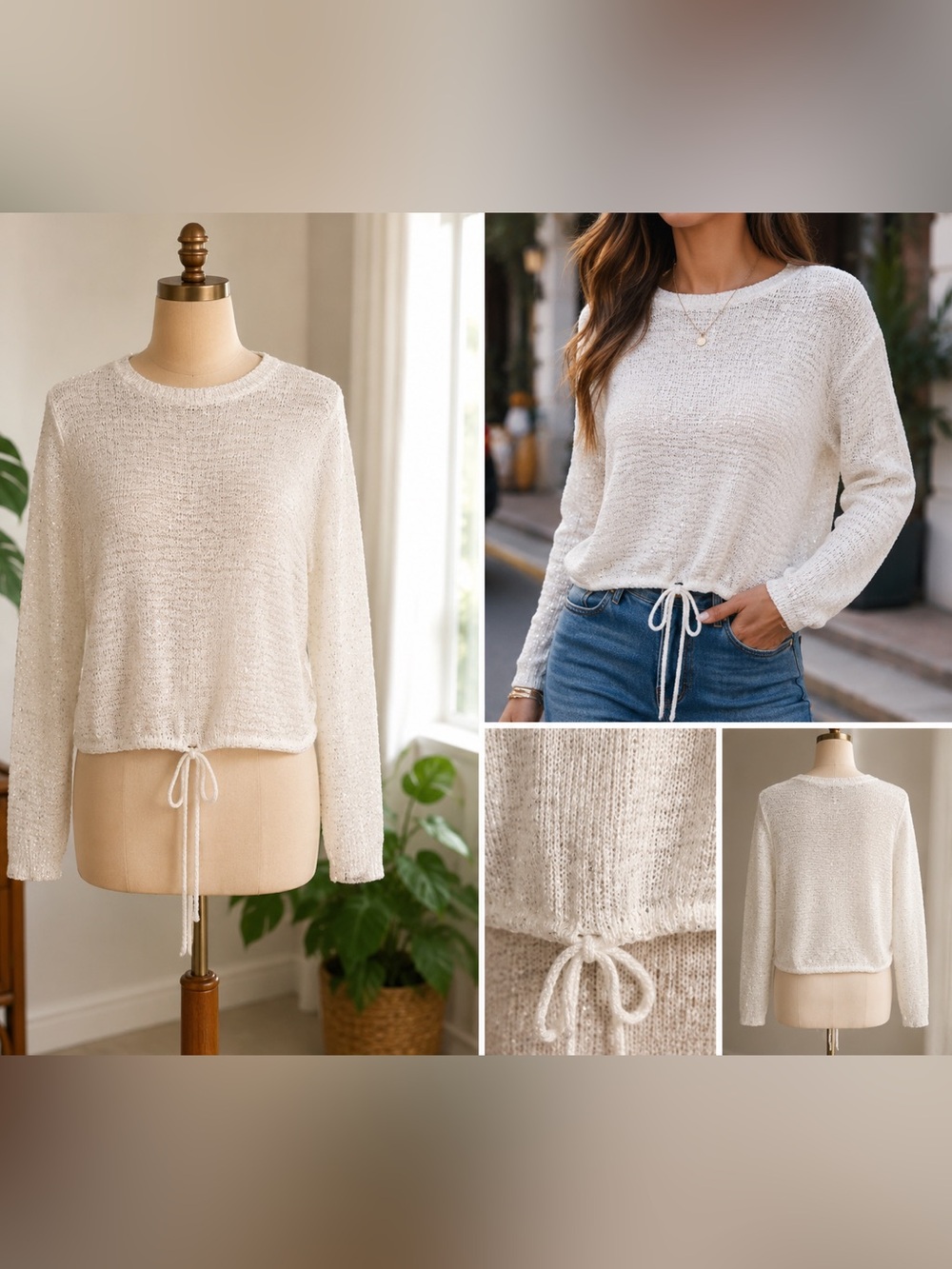 Sioni White Shimmer Tie Front Sweater Small